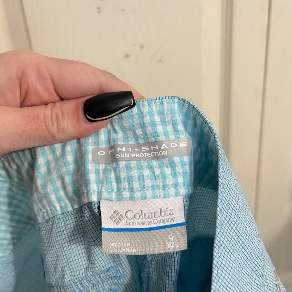 Columbia Womens Blue Micro Plaid PFG Pockets Outdoor Bermuda Shorts Size 4 - Picture 2 of 10